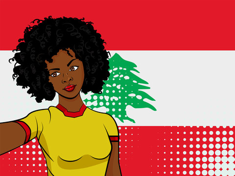 african american girl makes selfie in front of national flag Lebanon in pop art style illustration. Element of sport fan illustration for mobile and web apps