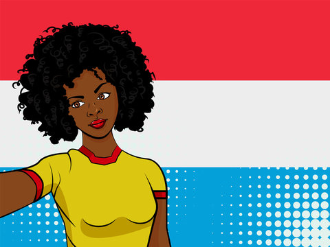 african american girl makes selfie in front of national flag Luxembourg in pop art style illustration. Element of sport fan illustration for mobile and web apps