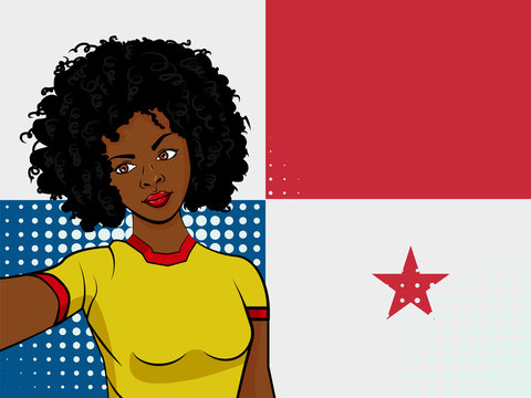 african american girl makes selfie in front of national flag Panama in pop art style illustration. Element of sport fan illustration for mobile and web apps