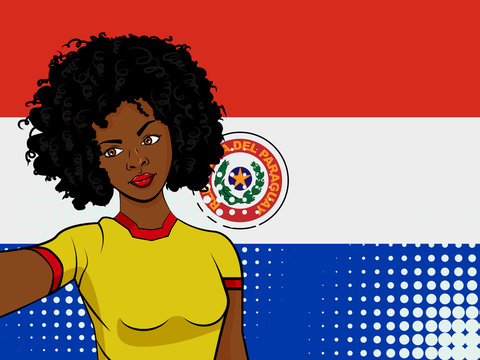 african american girl makes selfie in front of national flag Paraguay in pop art style illustration. Element of sport fan illustration for mobile and web apps