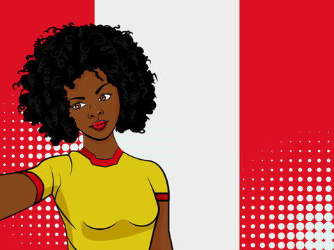 african american girl makes selfie in front of national flag Peru in pop art style illustration. Element of sport fan illustration for mobile and web apps