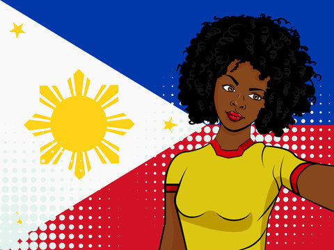 african american girl makes selfie in front of national flag Philippines in pop art style illustration. Element of sport fan illustration for mobile and web apps