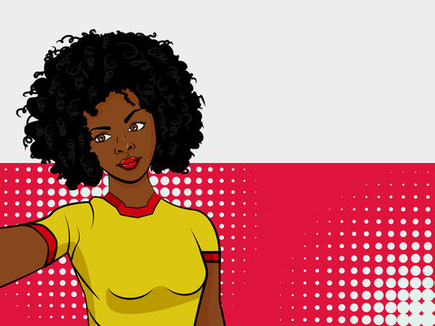 african american girl makes selfie in front of national flag Poland in pop art style illustration. Element of sport fan illustration for mobile and web apps