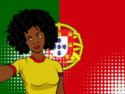 african american girl makes selfie in front of national flag Portugal in pop art style illustration. Element of sport fan illustration for mobile and web apps