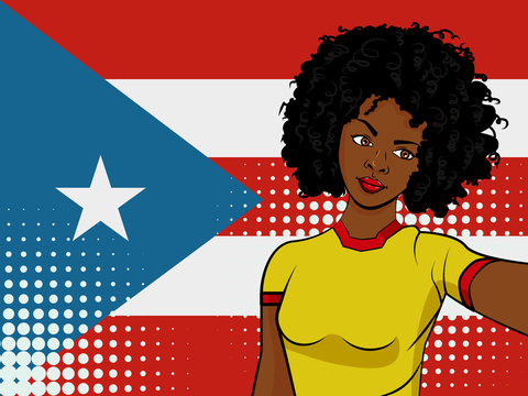 african american girl makes selfie in front of national flag Puerto Rica in pop art style illustration. Element of sport fan illustration for mobile and web apps