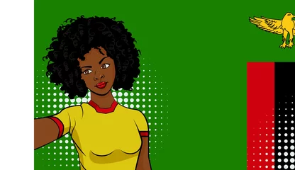 Foto op Aluminium african american girl makes selfie in front of national flag Zambia in pop art style illustration. Element of sport fan illustration for mobile and web apps © gunayaliyeva
