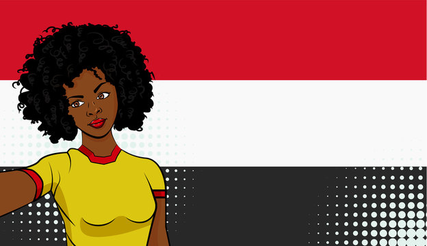 african american girl makes selfie in front of national flag Yemen in pop art style illustration. Element of sport fan illustration for mobile and web apps