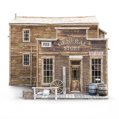 Western town rustic general store on an isolated white background. 3d rendering