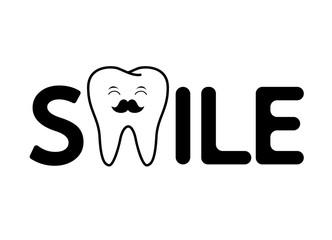 Smile lettering design with cute cartoon tooth. Dental care concept. Vector illustration isolated on white background.