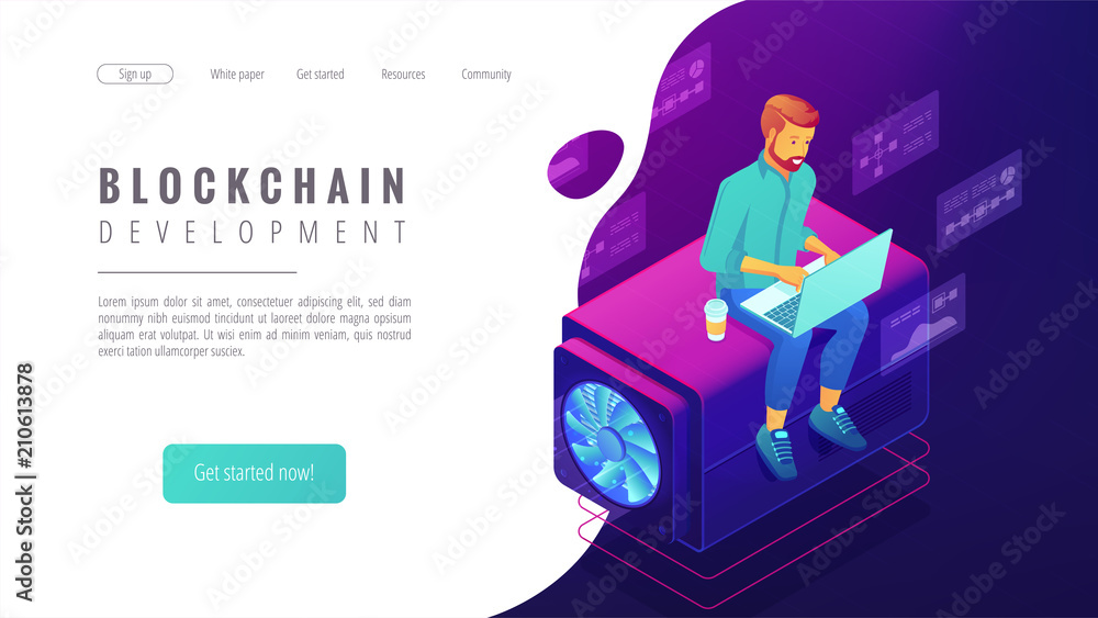 Poster isometric blockchain development landing page concept. blockchain developer with laptop, coding, glo