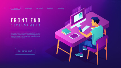 Isometric front end development landing page concept. Front end developer of web interfaces, coding and programmer illustration on ultraviolet background. Vector 3d isometric illustration. - obrazy, fototapety, plakaty