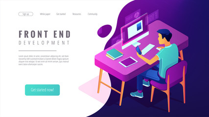 Isometric front end development landing page concept. Front end developer of website and app interfaces, coding and programmer illustration on white background. Vector 3d isometric illustration.