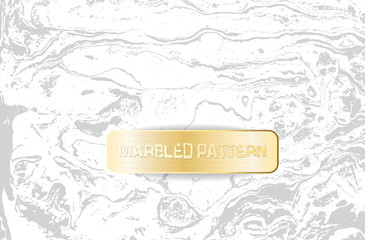 White and gray marble pattern. Light marbling texture. Decorative marbled background with gold banner. Vector illustration.