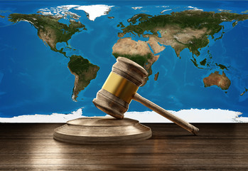 planet earth world wooden judge gavel 3d-illustration - obrazy, fototapety, plakaty