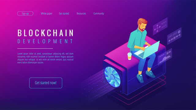 Isometric blockchain development landing page concept. Blockchain developer with computer infrastructure, global cryptocurrency illustration on ultraviolet background. Vector 3d isometric illustration