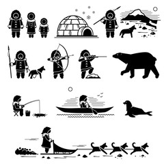 Eskimo people, lifestyle, and animals. Stick figure pictogram depicts Eskimo human, igloo, hunting, fishing, polar bear, husky dog, sled dogs, seal, and canoe.  - obrazy, fototapety, plakaty