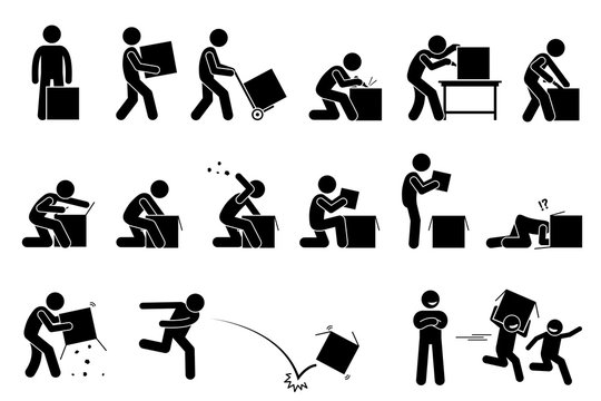 Man opening and unboxing a box. Stick figure pictogram depicts a man carrying, cutting, opening, checking, and throwing away the box. Children taking and playing with the unwanted empty box happily.