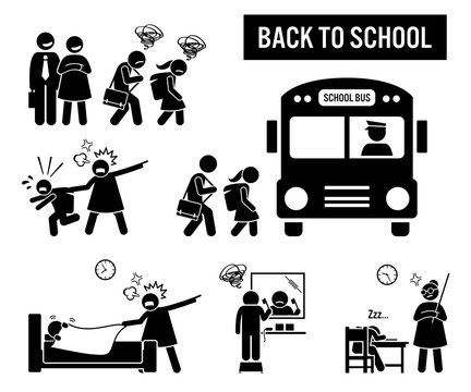 Back to school. Stick figure pictogram depicts school children going back to school. The parent are happy, but the kids are sad. Icon set also show student or pupil going to school with a bus.
