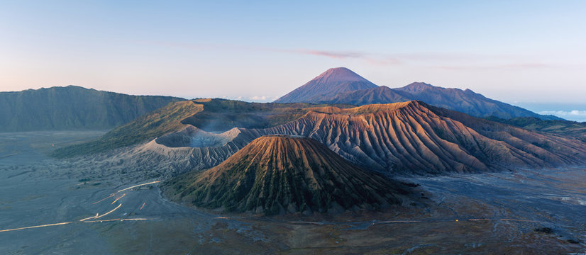 Panoramic Mount Bromo volcanic, famous travel destination and tourist attraction in Indonesia in morning
