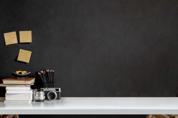 Minimal artist loft workspace with creative craft device and copy space.