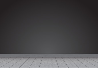 Realistic black wall blank with gray wood floor interior background vector illustration.