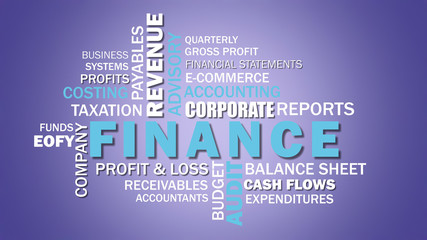 Corporate finance and accounting related words word cloud on purple background.