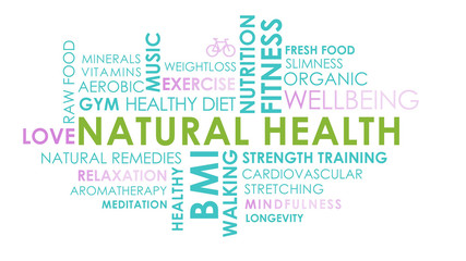Health and wellbeing related text word cloud on white background.