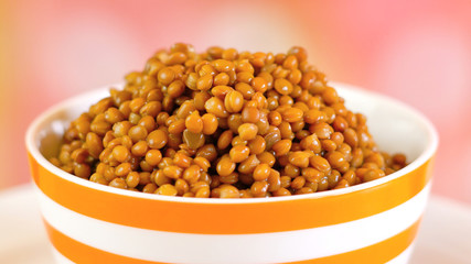 Lentil beans, healthy source of dietary fibre and protein, in bowl closeup.