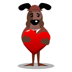 Cartoon illustrated business dog hugging big red heart.