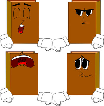 Books giving a fist bump. Cartoon book collection with sad faces. Expressions vector set.