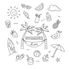 Summer time doodle artwork with beach holiday elements. Hand drawn illustration.