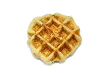 Waffle with caramel sauce and almond isolated on white background. space for your text.