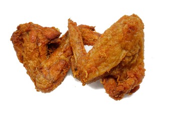 Top view fried chicken wings drumstick isolated on white background. Space for text in template. 