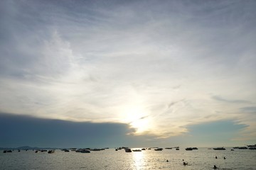 PATTAYA, THAILAND - MAY 19, 2018 : Speed boats anchored waiting for tourist at pattaya beach in the...