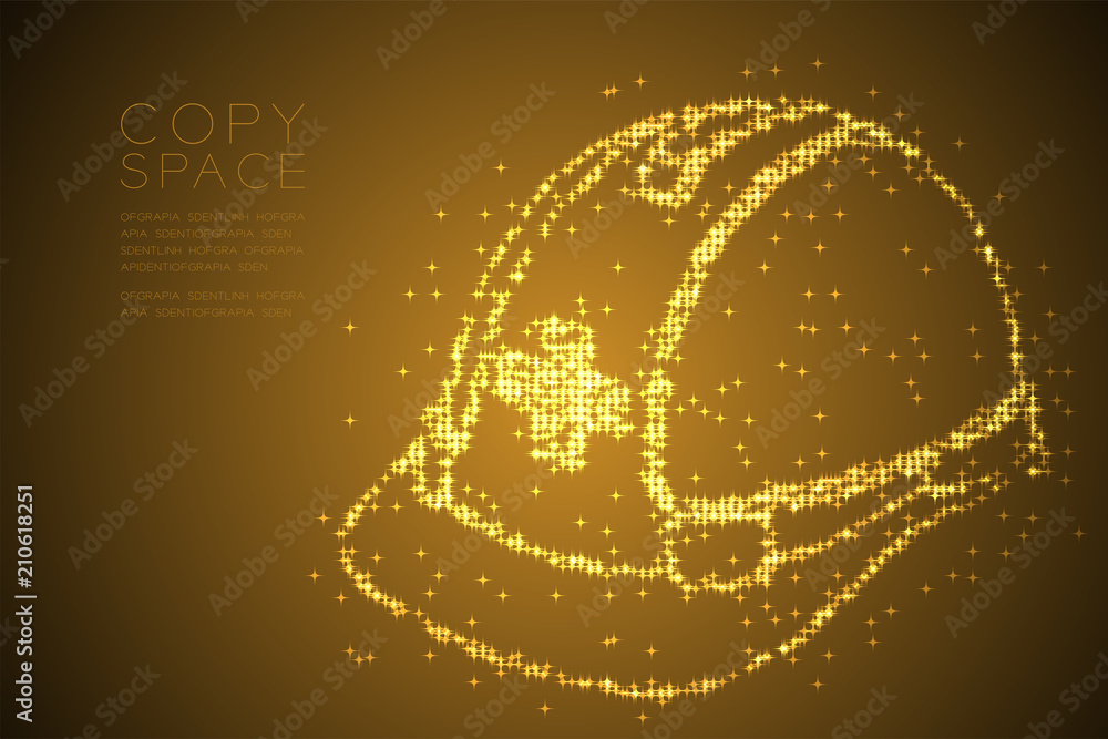 Poster abstract shiny bokeh star pattern helmet construction shape, safety first concept design gold color 