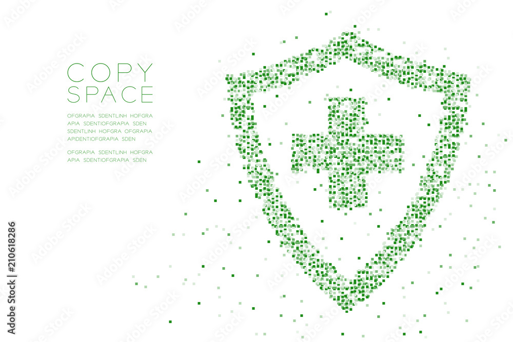 Poster abstract geometric square box pixel pattern medical shield with cross sign shape, protection concept
