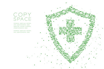 Abstract Geometric Square box pixel pattern Medical shield with cross sign shape, protection concept design green color illustration on white background with copy space, vector
