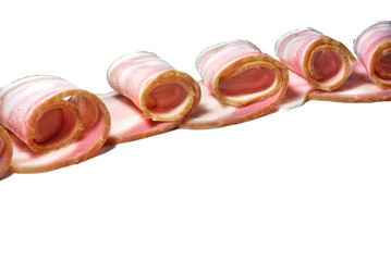 Raw meat, Raw bacon rolls isolated on white background, Brisket, bacon strips, cooking food, Prosciutto, Top view, Slices, Snack, food background.