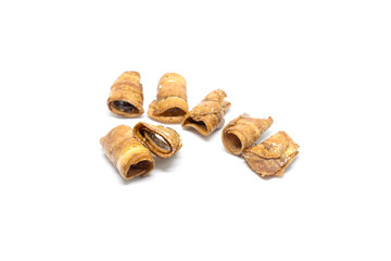 Caramel banana chips isolated on white background