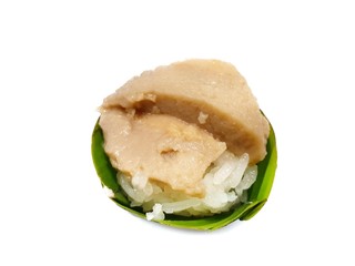 Thai dessert style, Top view of sweet sticky rice with Thai custard or Khao Neow Sang Kaya isolated on white background. (kaya, seri kaya, matamis sa bao, matamis na bao, kalamay-hati), one