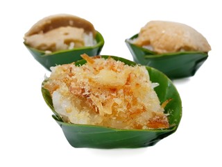Thai dessert style, Top view of sweet sticky rice with dried fish isolated on white background. (kaya, seri kaya, matamis sa bao, matamis na bao, kalamay-hati)