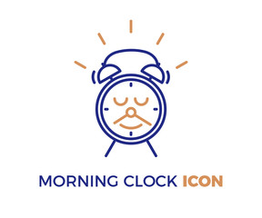 Cute alarm clock character with a smile and a mustache made of the minutes and hours pointer arrows. Vector icon illustration for morning and waking up subjets, education, kids, school, business
