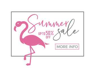 Summer sale banner with calligraphic text and cute flamingo and thin line frame. Vector illustration for ecommerce, online shopping
