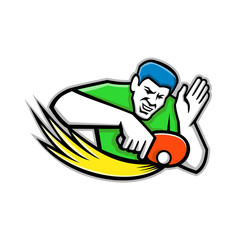 Mascot icon illustration of a table tennis or ping-pong player blocking a ping pong ball with paddle or racket viewed from front on isolated background in retro style.