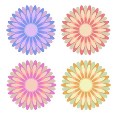 Set of flat isolated colored yellow, red, pink, blue abstract flowers on a white background. Simple design for decoration