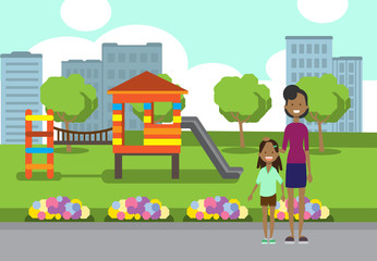 african mother and daughter full length avatar over city park children playground flowers green lawn trees template cityscape background flat vector illustration