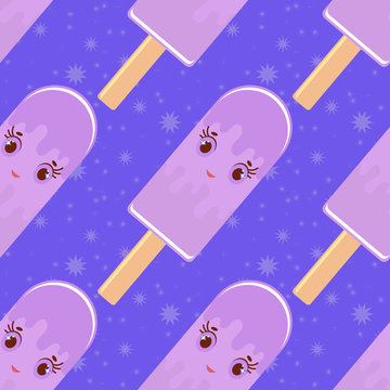 Seamless Pattern Of Smiling Cartoon Purple Popsicles On Wooden Sticks. Watered Colored Glaze. On A Blue Background.