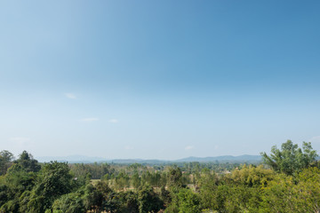 Landscape of green forest and blue sky with clouds