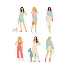 Girls standing on a street. Street fashion vector illustration, set of young women and dogs.