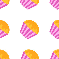 Color seamless pattern of delicious pink cakes with frosting. Simple flat illustration on white background